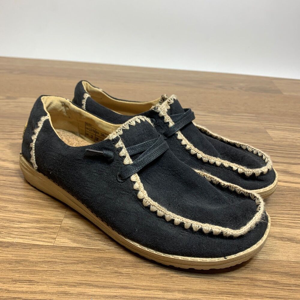 HEY DUDE Wendy Crochet Slip-On‎ Shoes US 5 Women's Black Beige Slippers